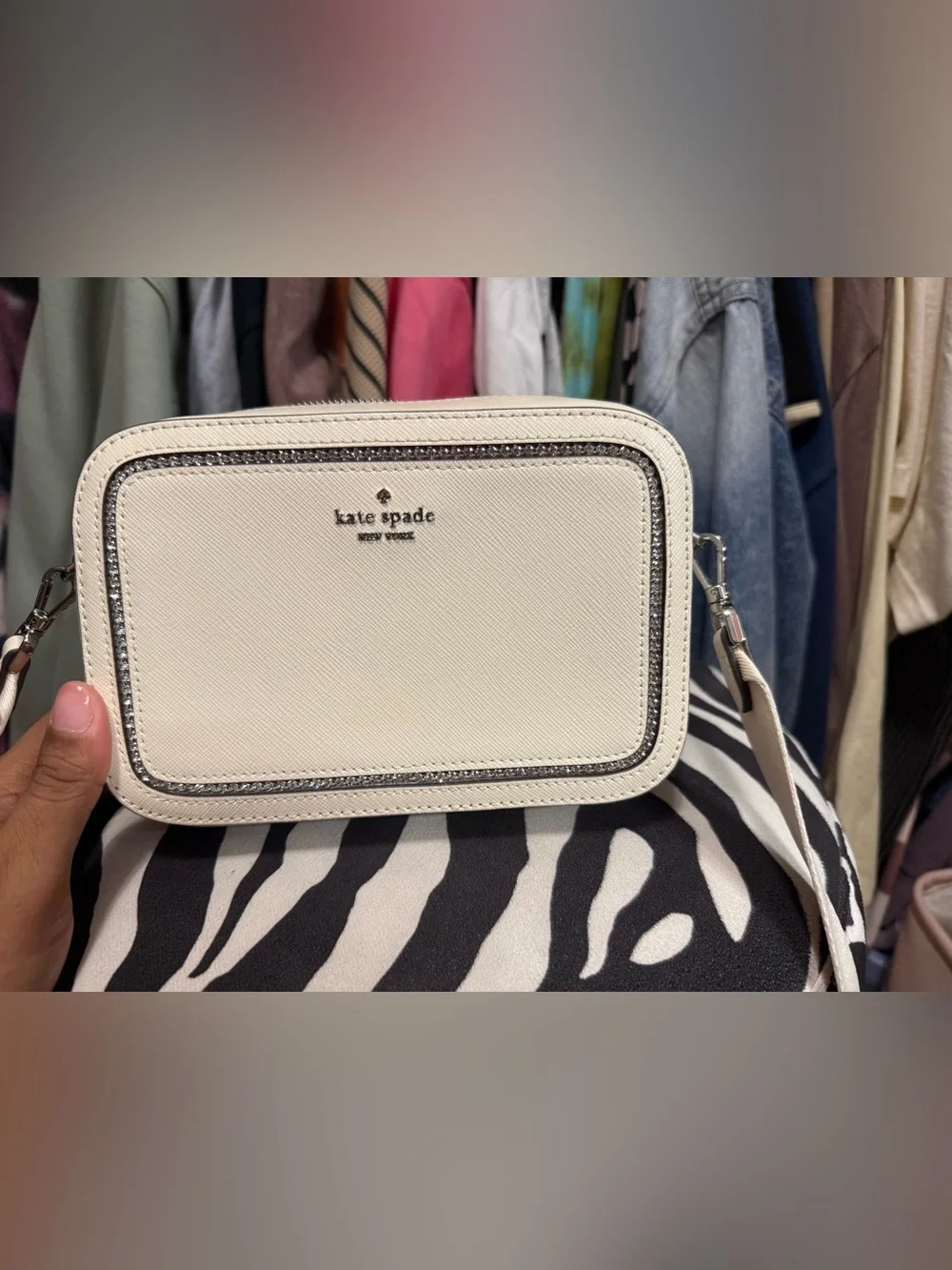 kate spade Cream Saffiano Leather Crossbody with Silver Glitter Trim